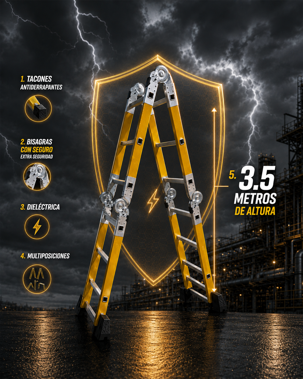 Escalera multiposiciones dieléctrica fibra de vidrio amarilla Gorila 3.5m