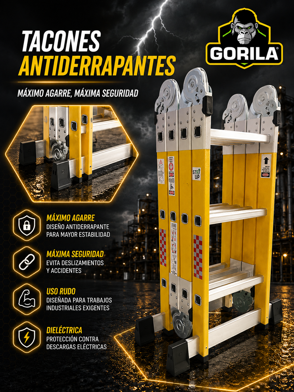 Escalera Multiposiciones Dieléctrica fibra de vidrio Tacones Antiderrapantes