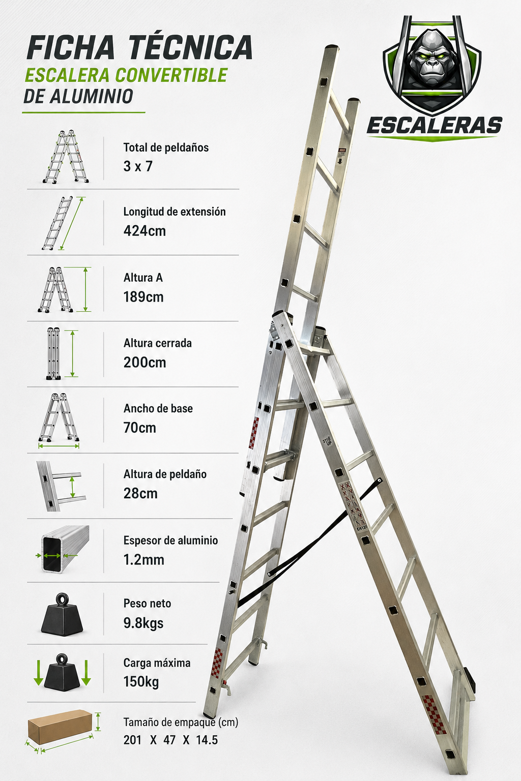 Escalera Convertible Tipo Tijera Extensión 21 Peldaños 4.24m Gorila
