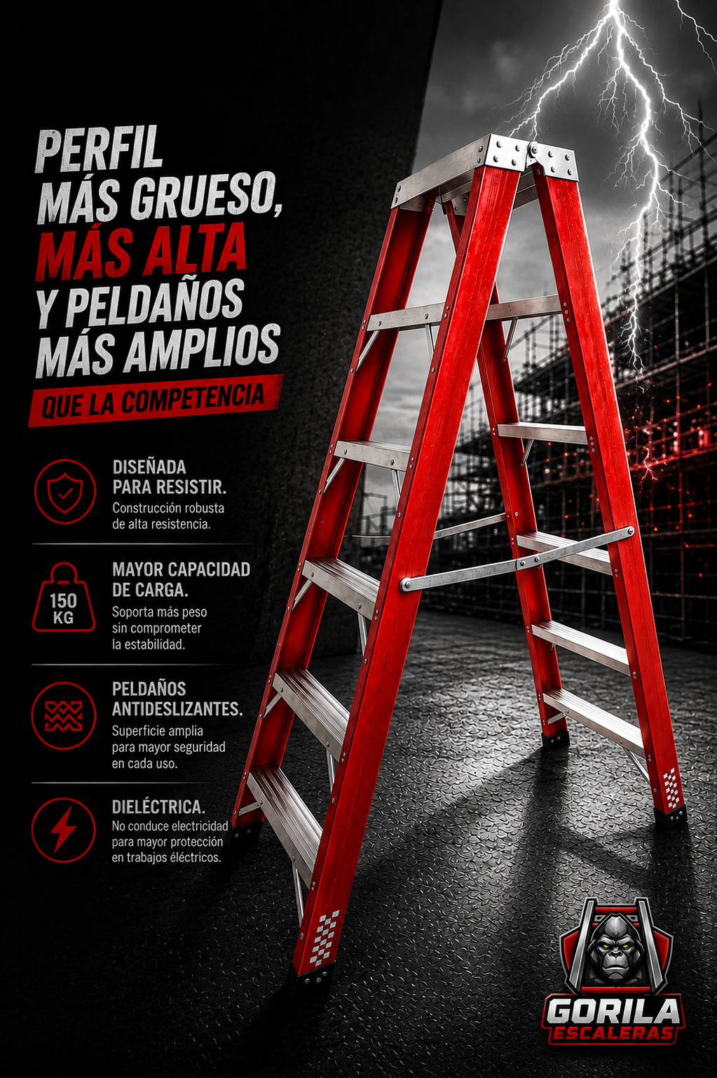 Escalera Tijera Dieléctrica Doble Fibra de Vidrio Roja Gorila Reforzada