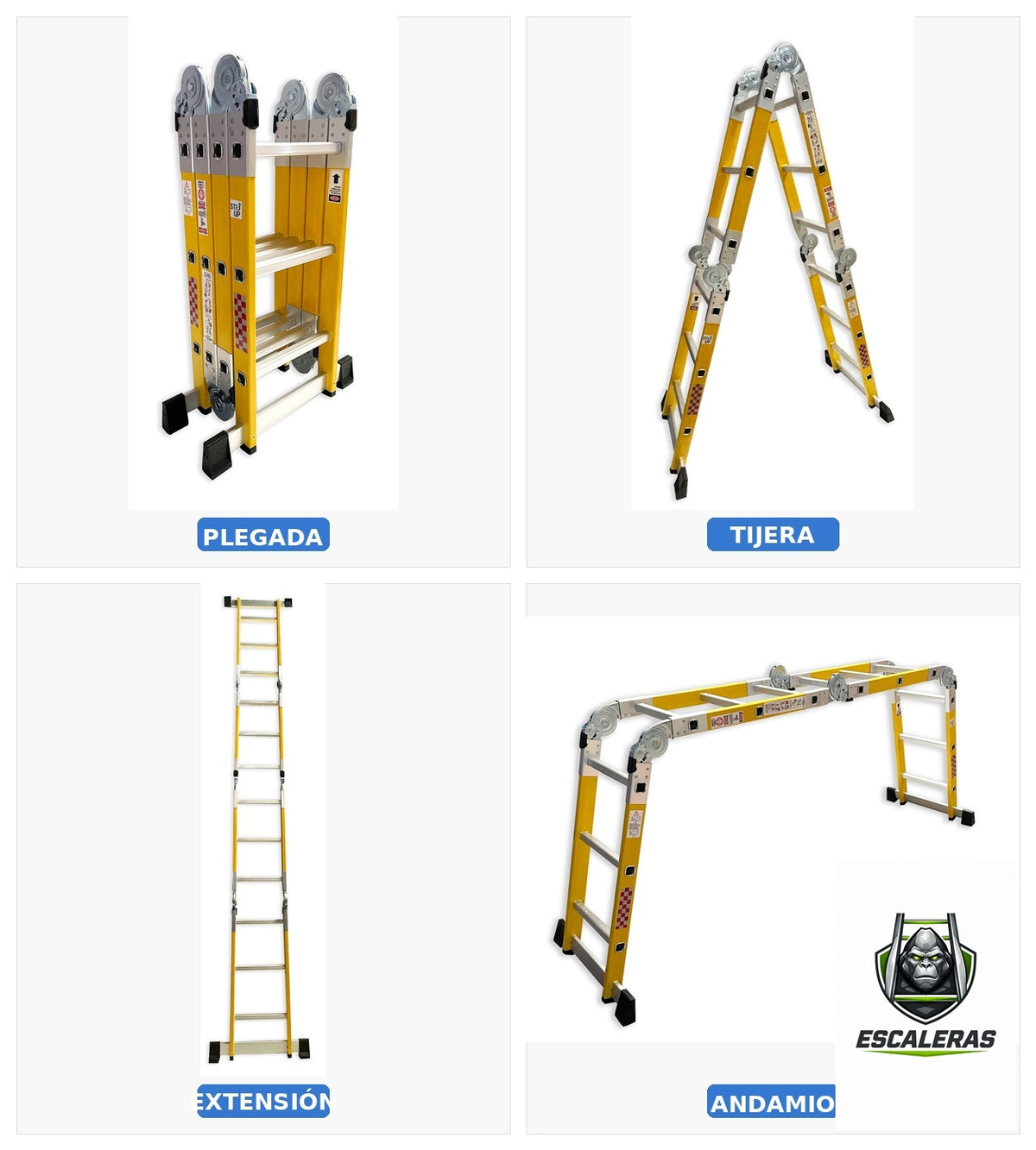Escalera multiposiciones dieléctrica fibra de vidrio amarilla Gorila 3.5m